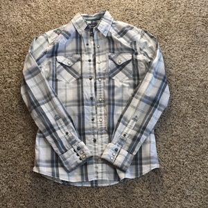 Pearl snap, plaid button down shirt